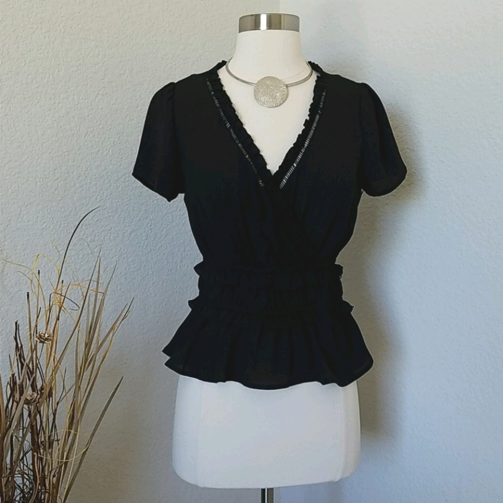 Black Ruffle Wrap Top Small NWT - Picture 2 of 10